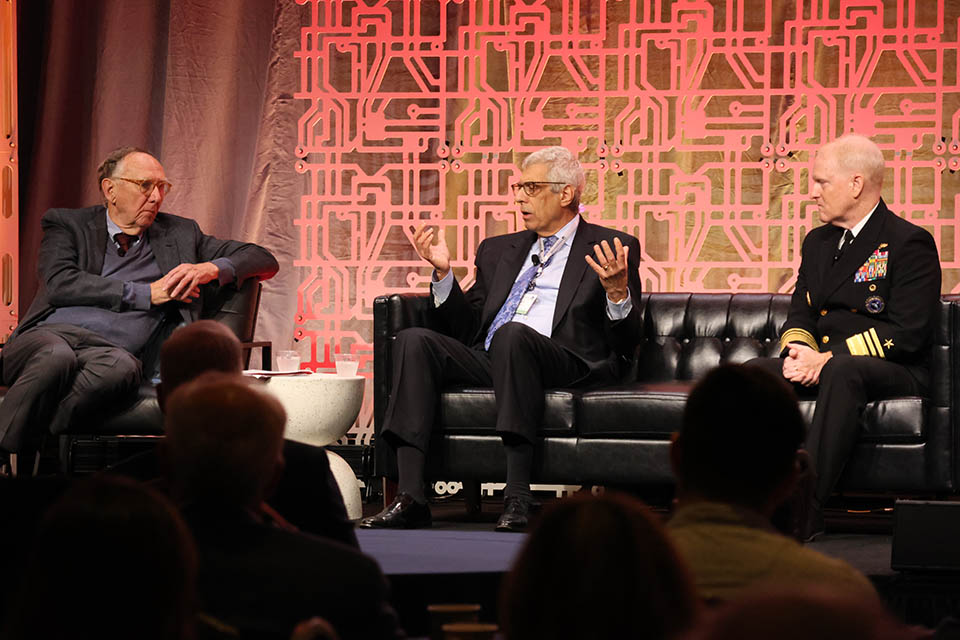 The 2023 Geo-Resolution conference kicked off with a panel conversation. From left are Jack Dangermond, Fred P. Pestello, Ph.D., and Vice Admiral Frank Whitworth. Photo by Joe Barker. 

