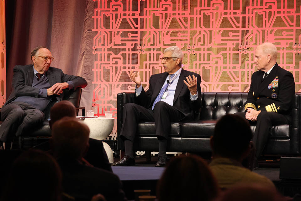 The 2023 Geo-Resolution conference kicked off with a panel conversation. From left are Jack Dangermond, Fred P. Pestello, Ph.D., and Vice Admiral Frank Whitworth. Photo by Joe Barker.  