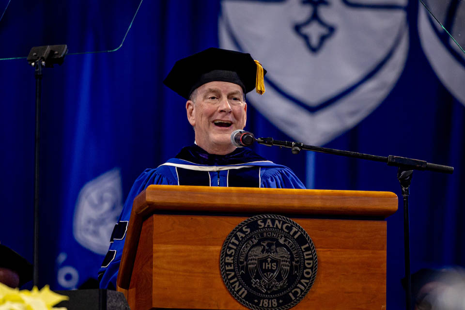 Stephen Belt, Ph.D., winner of the Nancy McNeir Ring award, gave the address during the Midyear Commencement on Saturday, Dec. 16, 2023. Photo by Sarah Conroy.