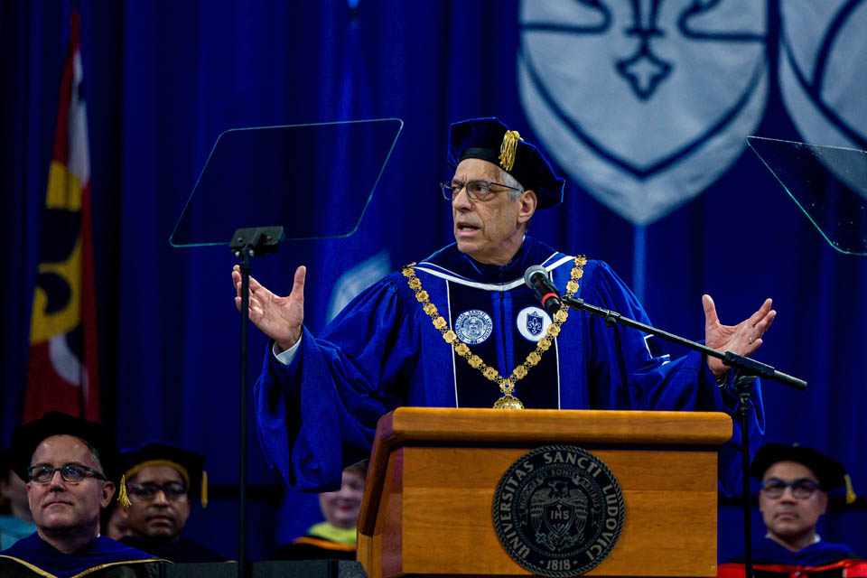 President Fred P. Pestello, Ph.D., speaks during Midyear Commencement on Dec. 16, 2023. Photo by Sarah Conroy.