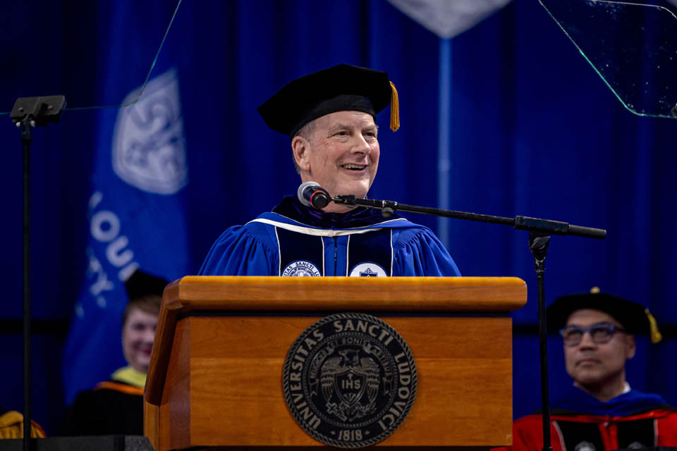 Stephen Belt, Ph.D., winner of the Nancy McNeir Ring award, gave the address during the Midyear Commencement on Saturday, Dec. 16, 2023. Photo by Sarah Conroy.