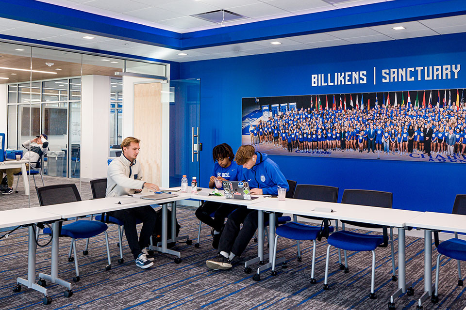Men’s soccer players (from left) Dylan Olson, Carlos Leatherman and Matthew Wrobel in the Sanctuary space
