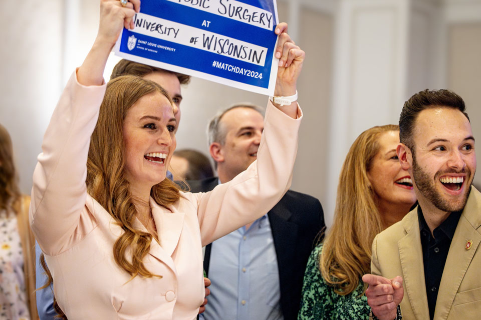 Saint Louis University School of Medicine fourth-year students celebrate during Match Day at the Ritz-Carlton on Friday, March 15, 2024. Photo by Sarah Conroy. 