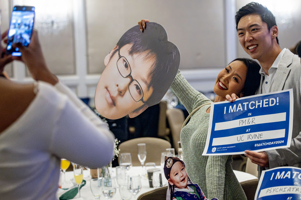 Saint Louis University School of Medicine fourth-year students celebrate during Match Day at the Ritz-Carlton on Friday, March 15, 2024. Photo by Sarah Conroy. 