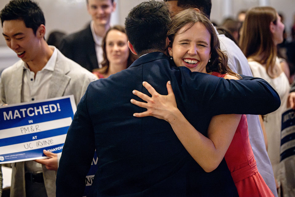 Saint Louis University School of Medicine fourth-year students celebrate during Match Day at the Ritz-Carlton on Friday, March 15, 2024. Photo by Sarah Conroy. 