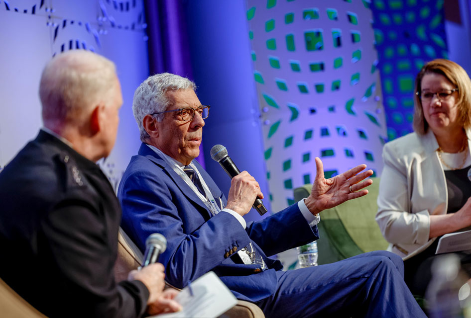 Saint Louis University President Fred P. Pestello, Ph.D., at a panel session during the Geo-Resolution conference sponsored by SLU and the National Geospatial-Intelligence Agency on Sept. 28, 2022, in SLU’s Busch Student Center. Photo courtesy of Saint Louis University. 
