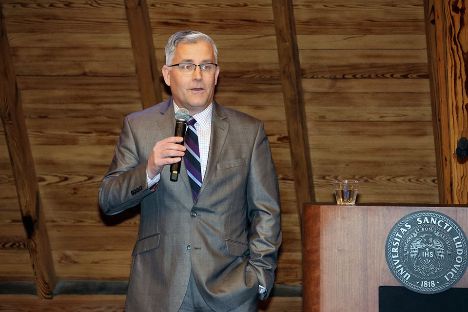 Saint Louis University Provost Mike Lewis, Ph.D., praised the faculty at SLU during the inaugural Celebration of Teaching event on Tuesday, March 26. Photo by Joe Barker. 