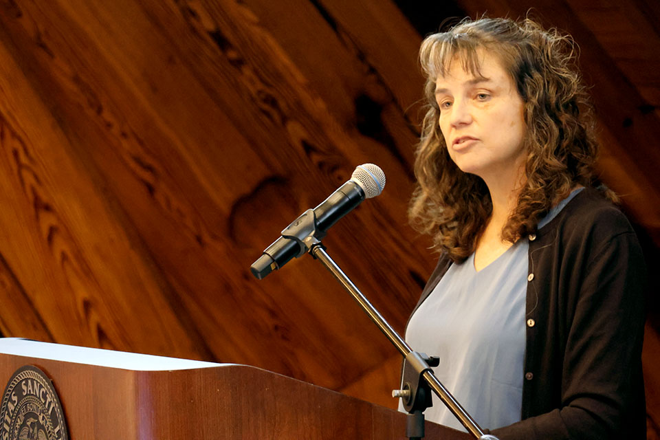 Margaret Bultas, Ph.D., Nursing, one of this year’s recipients of the Emerson Excellence in Teaching Award, shared some thoughts about teaching during the inaugural Celebration of Teaching Event on Tuesday, March 26. Photo by Joe Barker. 