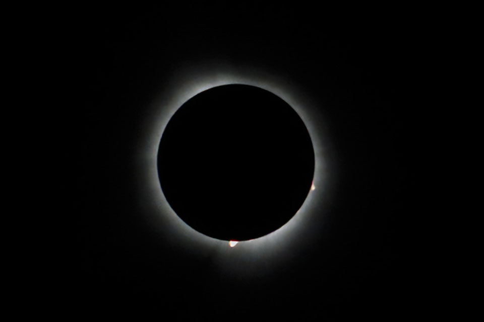 The moon covers the sun during the totality of the solar eclipse at Trail of Tears State Park on April 8, 2024. Photo by Sarah Conroy. 