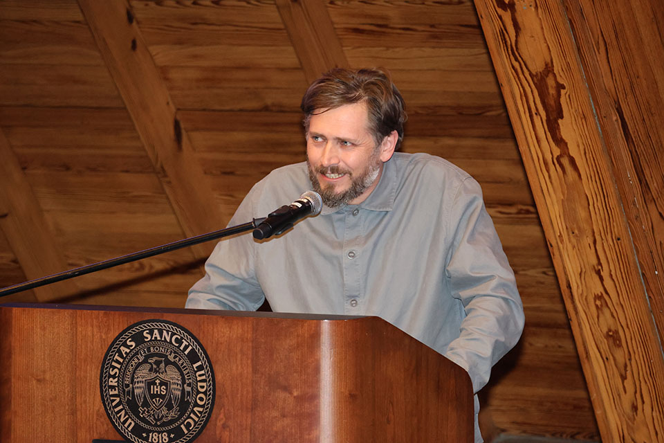 Fabien Montcher, Ph.D., was recognized at the Scholarly Works and Grant Winners Reception on Friday, April 5. Photo by Joe Barker. 