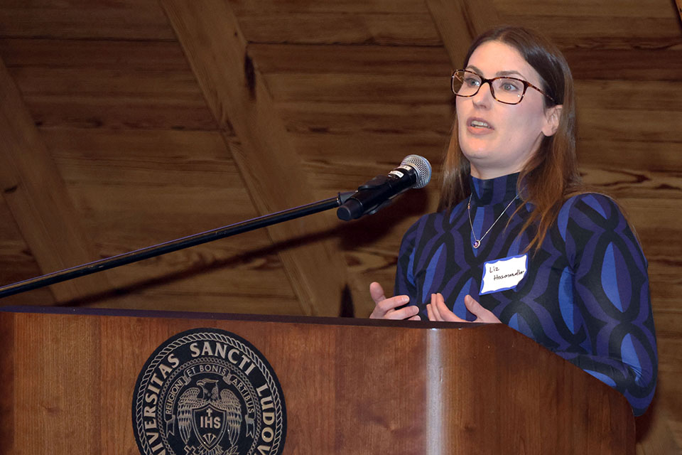 Elizabeth Hasenmueller, Ph.D., was recognized at the Scholarly Works and Grant Winners Reception on Friday, April 5. Photo by Joe Barker. 