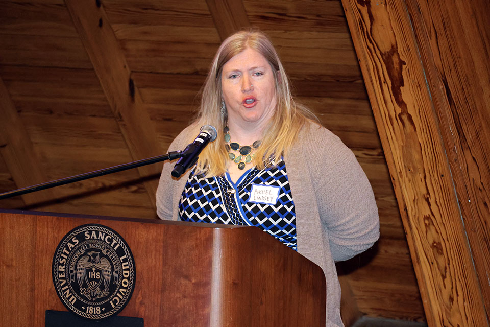 Rachel Lindsey, Ph.D., was recognized at the Scholarly Works and Grant Winners Reception on Friday, April 5. Her collaborator, Pauline Lee, Ph.D., was not in attendance. Photo by Joe Barker. 