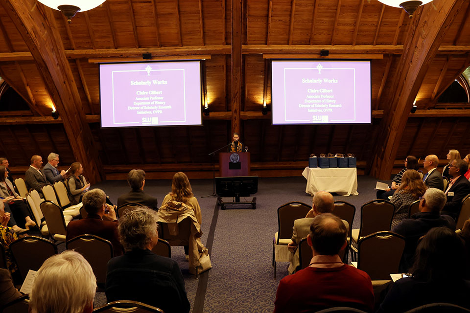 Saint Louis University’s Office of the Vice President for Research (OVPR) honored the work of faculty members, research staff, and graduate students at its annual Scholarly Works and Grant Winners reception on Friday, April 5. Photo by Joe Barker. 
