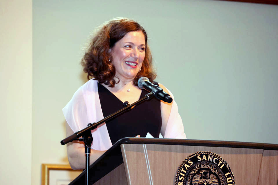 Mary A. Bruemmer Award honoree Aline Tanios, M.D., speaks at the award reception on Monday, May 6. Photo by Joe Barker.