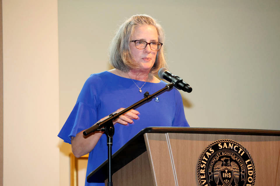 Mary A. Bruemmer Award honoree Molly Schaller, Ph.D., speaks at the award reception on Monday, May 6. Photo by Joe Barker.