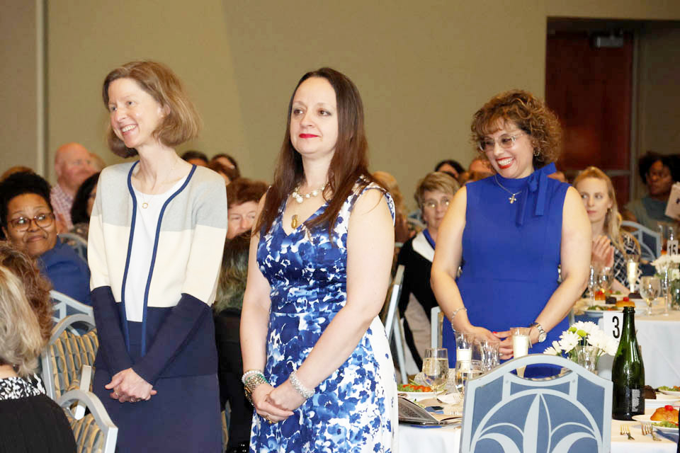 Sister Shirly Kolmer Memorial Grant recipients, from left, are Jennifer Buehler, Ph.D.; Maria Weber, and Esmeralda Aharon. The trio were recognized at the 47th annual Mary A. Bruemmer Recognition Ceremony and Luncheon on Monday, May 6. Photo by Joe Barker.