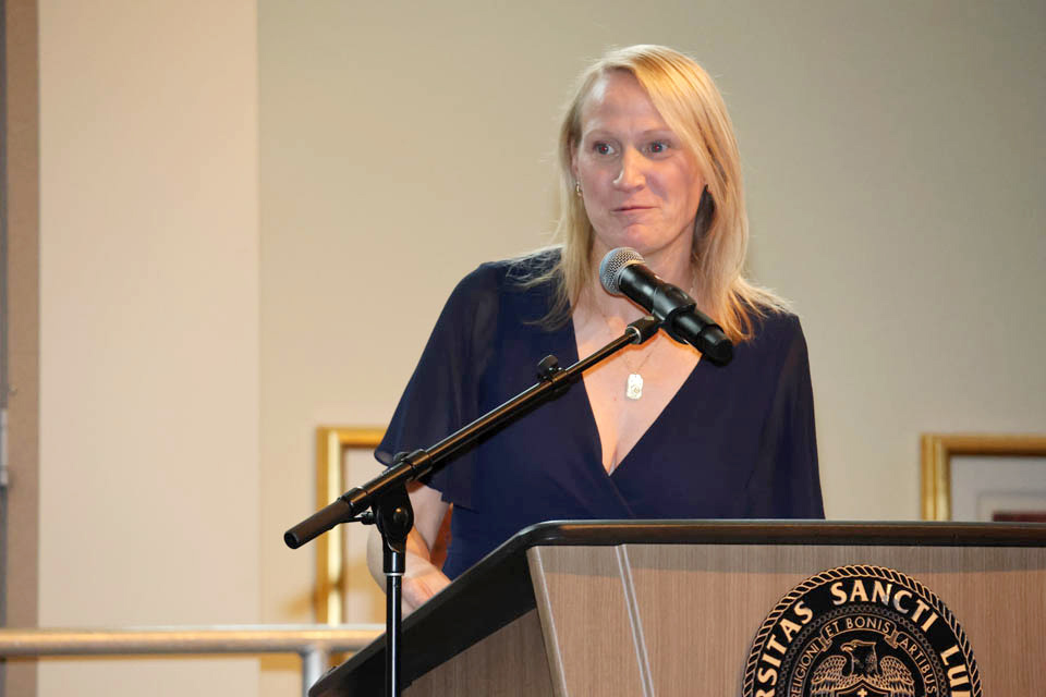 Mary A. Bruemmer Award honoree Ellen Barnidge, Ph.D., speaks at the award reception on Monday, May 6. Photo by Joe Barker.