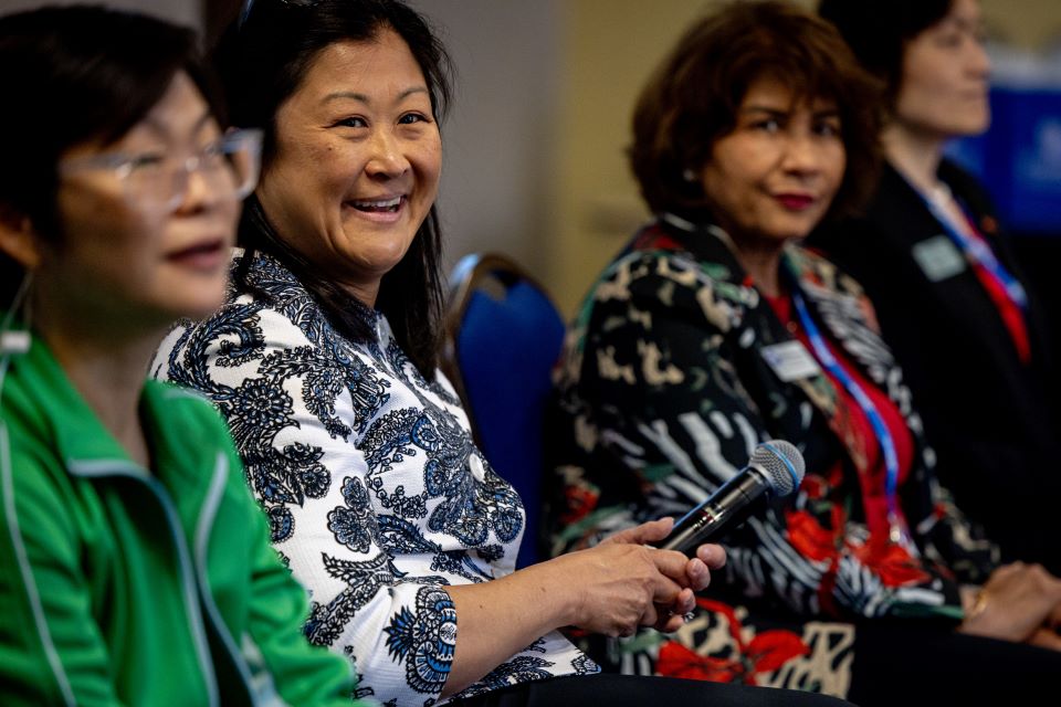 A panel of women leaders speak at the Emerson Leadership Institute's third annual Be Heard! Women in Leadership conference on Friday, May 3. The event, “Breaking and Powering Through the Bamboo Ceiling,” kicked off Asian American and Pacific Islander Heritage Month. Photo by Sarah Conroy.