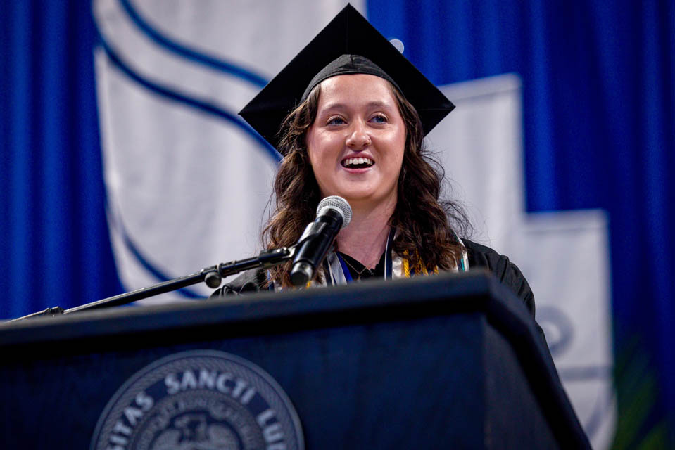 Student speaker Sky Carroll delivers the address during Commencement on May 18, 2024. Photo by Sarah Conroy. 