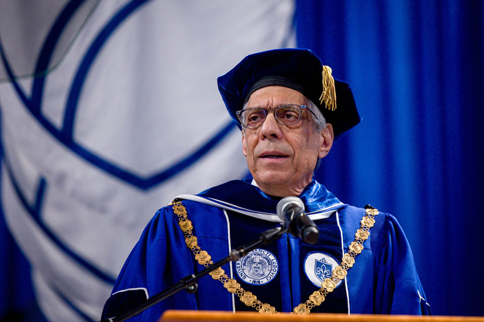 President Fred P. Pestello, Ph.D., addresses the graduates during Commencement on May 18, 2024. Photo by Sarah Conroy.