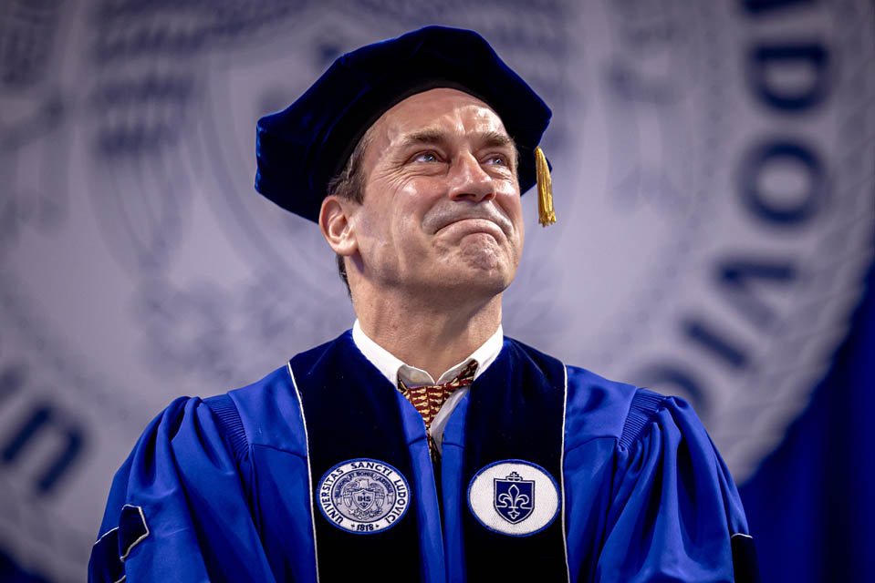 Commencement speaker Jon Hamm gets emotional while getting an honorary degree at SLU's commencement ceremony on Saturday, May 18, 2024. Photo by Sarah Conroy.