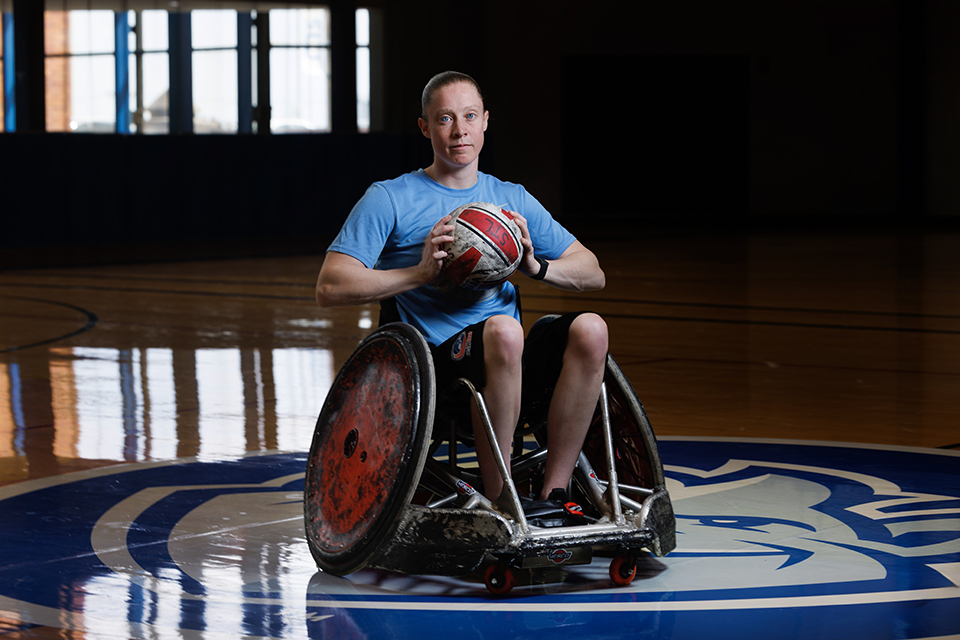 Sarah Adam, OTD, assistant professor of occupational science and occupational therapy at Saint Louis University, became the first woman named to the U.S. Paralympic wheelchair rugby team. Photo by Sarah Conroy.