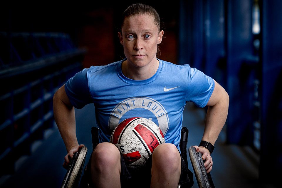 Sarah Adam, OTD, assistant professor of occupational science and occupational therapy at Saint Louis University, became the first woman named to the U.S. Paralympic wheelchair rugby team. Photo by Sarah Conroy.