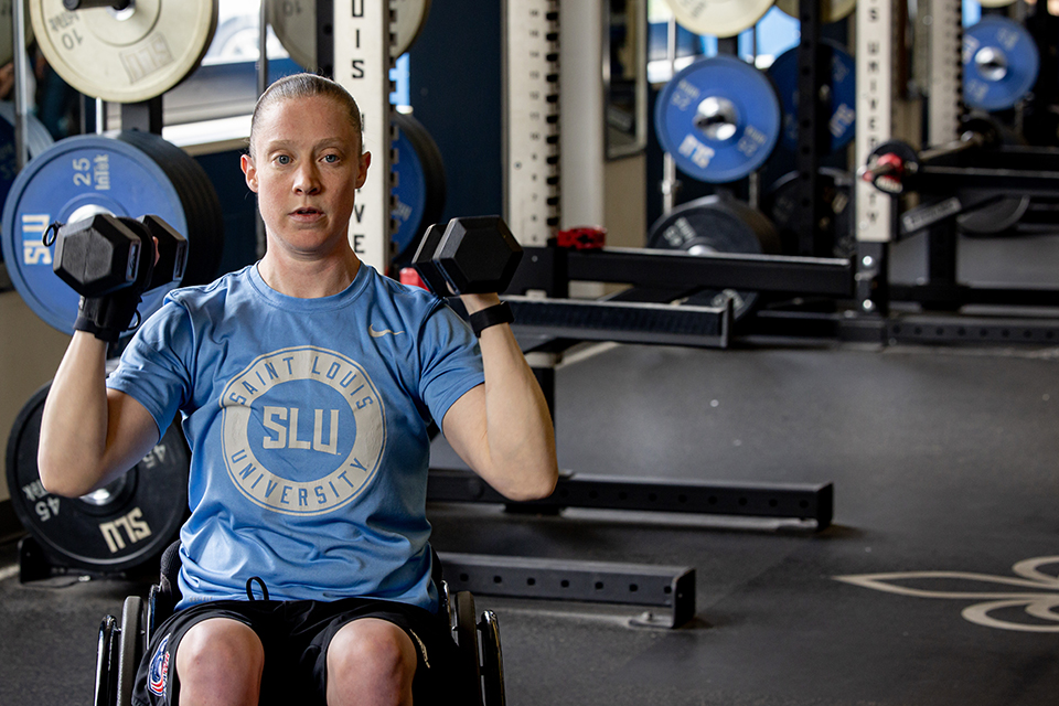 Sarah Adam, OTD, assistant professor of occupational science and occupational therapy at SLU, trains for the Paralympics. Photo by Sarah Conroy.