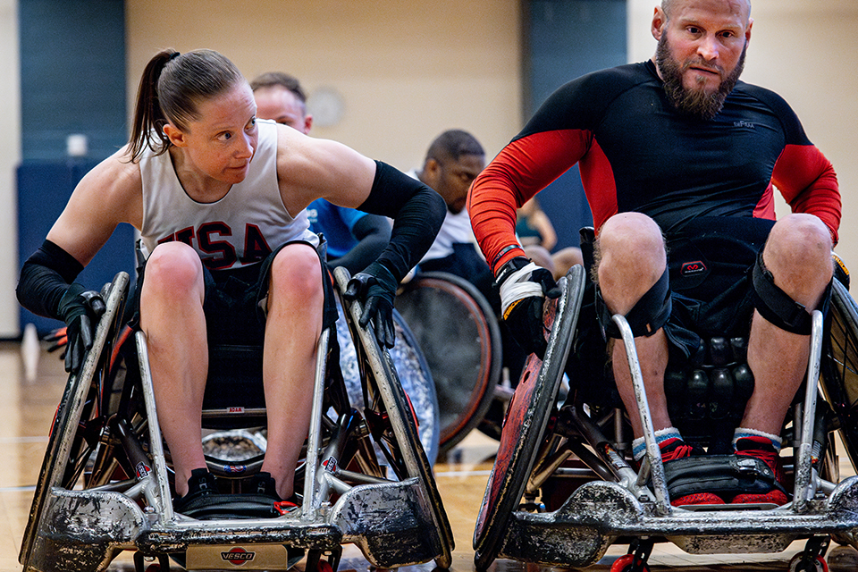 Sarah Adam, OTD, assistant professor of occupational science and occupational therapy at SLU, plays wheelchair rugby. Photo by Sarah Conroy.