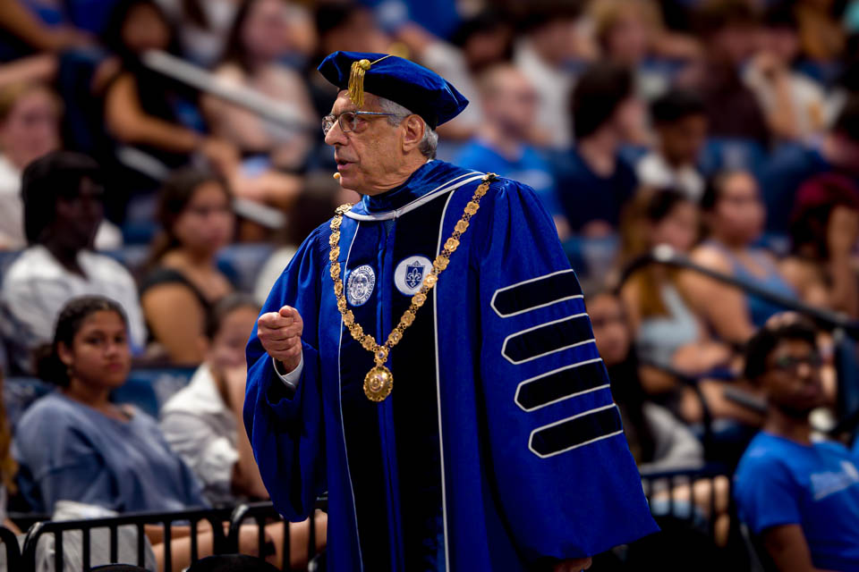 President Fred P. Pestello, Ph.D., addresses the incoming freshman class during Convocation on Saturday, Aug 17, 2024. Photo by Sarah Conroy.
