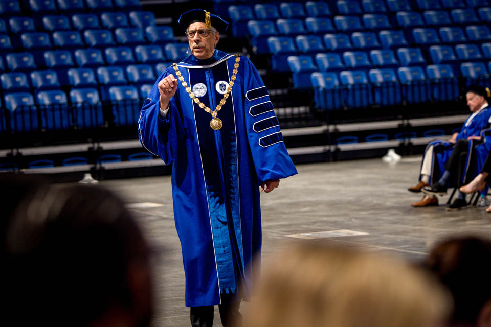 President Fred P. Pestello, Ph.D., addresses the incoming freshman class during Convocation on Saturday, Aug 17, 2024. Photo by Sarah Conroy.

