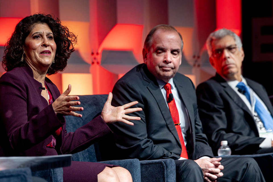 From left, Nadine Alameh, Ph.D., executive director of the Taylor Geospatial Institute, William Caniano, West Executive and director of the office of corporate communications of the National Geospatial-Intelligence Agency, and SLU President Fred P. Pestello, Ph.D., participate in the Leaders Look panel during the Geo-Resolution Conference on September 12, 2024. 
Photo by Sarah Conroy.
