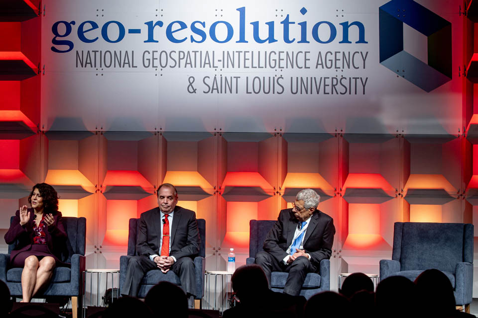 From left, Nadine Alameh, Ph.D., executive director of the Taylor Geospatial Institute, William Caniano, West Executive and director of the office of corporate communications of the National Geospatial-Intelligence Agency, and SLU President Fred P. Pestello, Ph.D., participate in the Leaders Look panel during the Geo-Resolution Conference on September 12, 2024. 
Photo by Sarah Conroy.