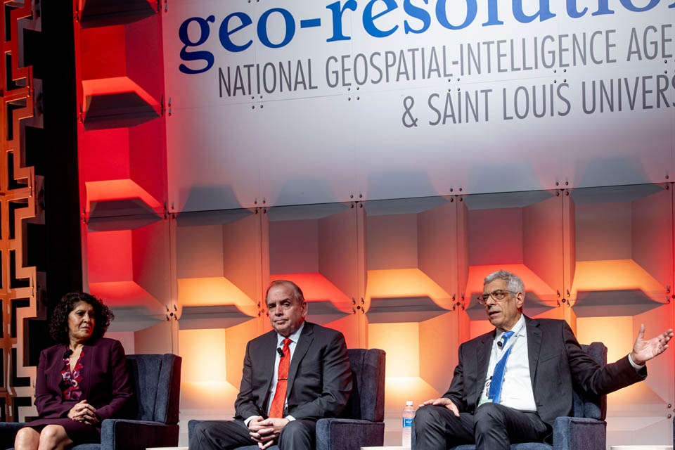 President Fred P. Pestello, Ph.D., right, speaks on the Leaders Look panel with Nadine Alameh, Ph.D., executive director of the Taylor Geospatial Institute, left, and William Caniano, West Executive and director of the office of corporate communications of the National Geospatial-intelligence Agency, center, during the Geo-Resolution Conference on September 12, 2024. Photo by Sarah Conroy.