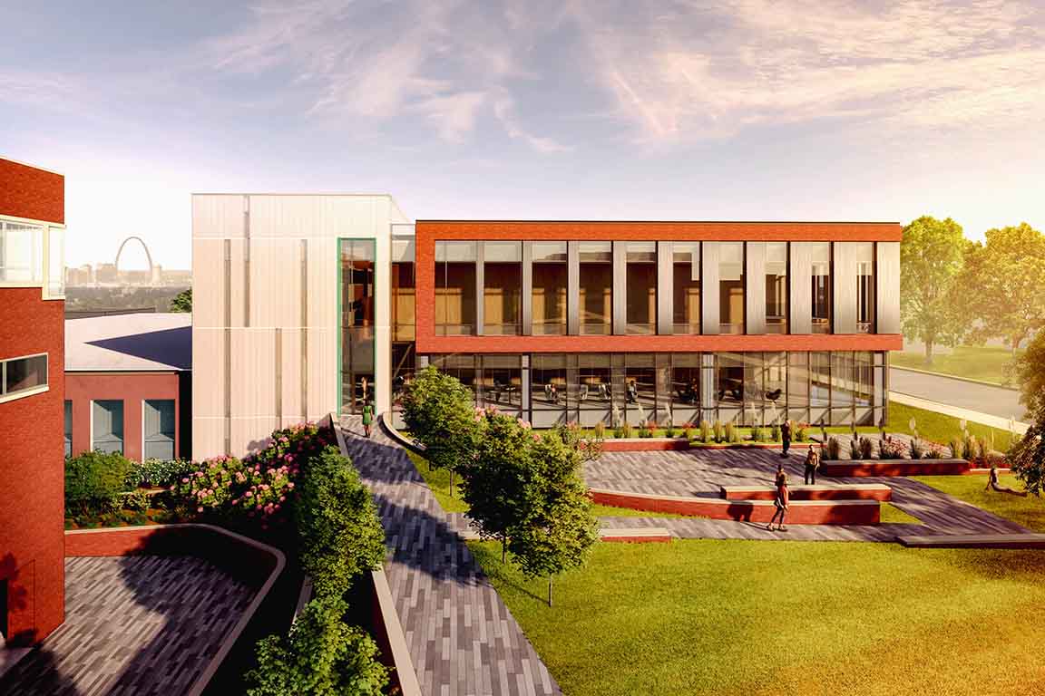 A rendering with an aerial view of the proposed  Center for Advanced Dental Education building expansion at Saint Louis University.