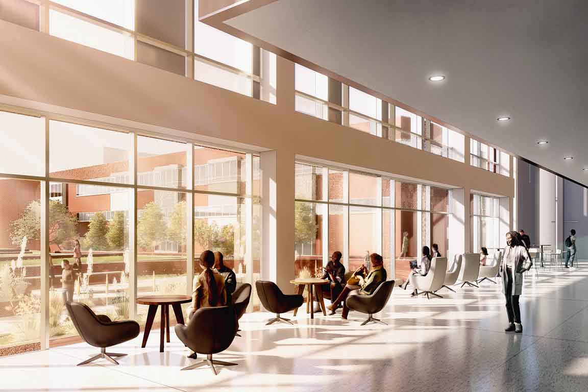 A rendering with an interior lobby view of the proposed  Center for Advanced Dental Education building expansion at Saint Louis University.