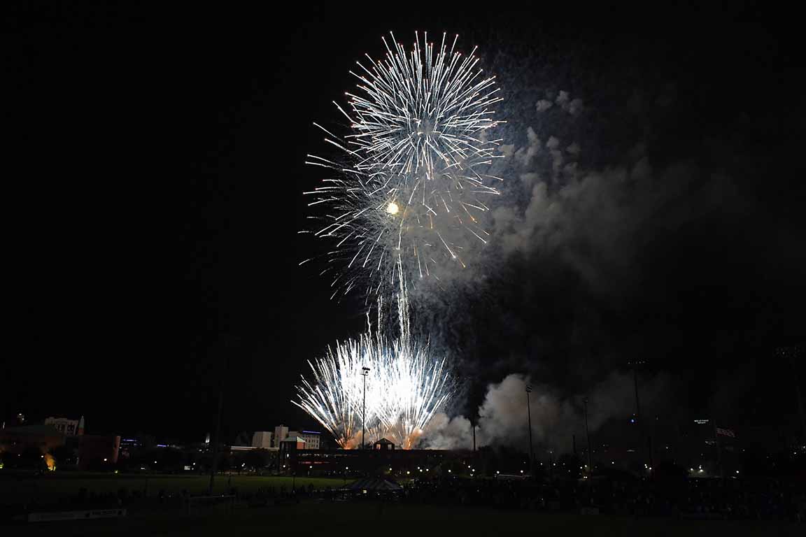 Fireworks over the Olive Compton Parking Garage explode during SLU's 2024 Homecoming and Family Weekend.