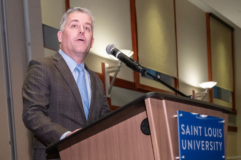 Saint Louis University held its 2024 Investiture Ceremony on March 7, marking the accomplishments of 21 distinguished faculty members across four academic units and honoring the donors whose philanthropic generosity has established endowed positions. Photo by Steve Dolan.
