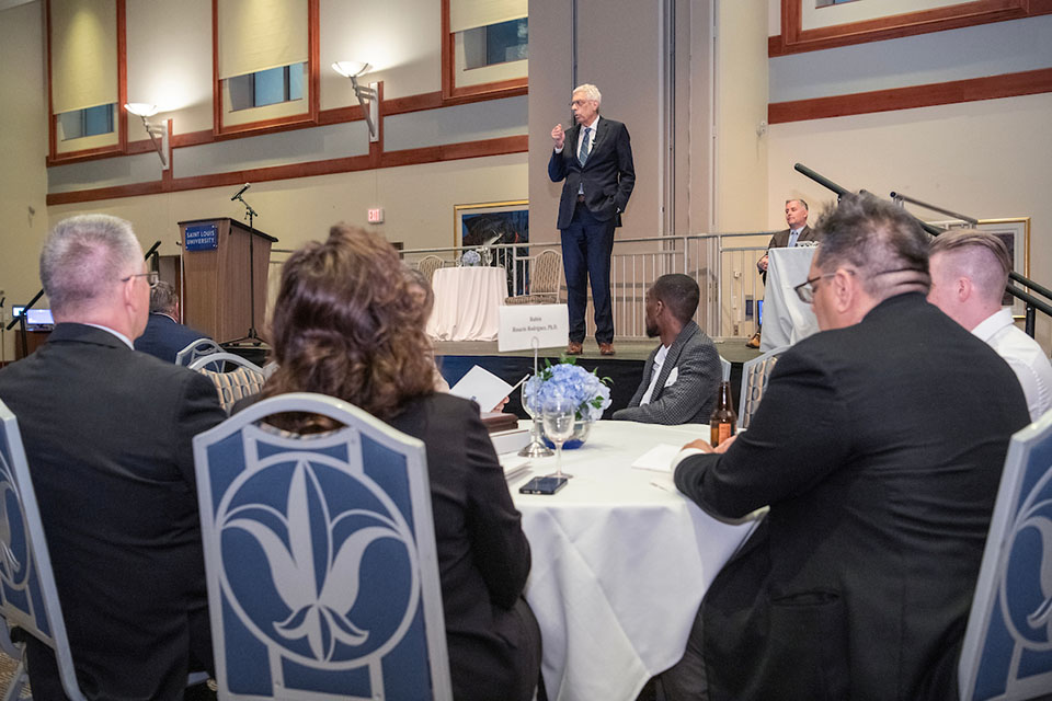 Saint Louis University held its 2024 Investiture Ceremony on March 7, marking the accomplishments of 21 distinguished faculty members across four academic units and honoring the donors whose philanthropic generosity has established endowed positions. Photo by Steve Dolan.
