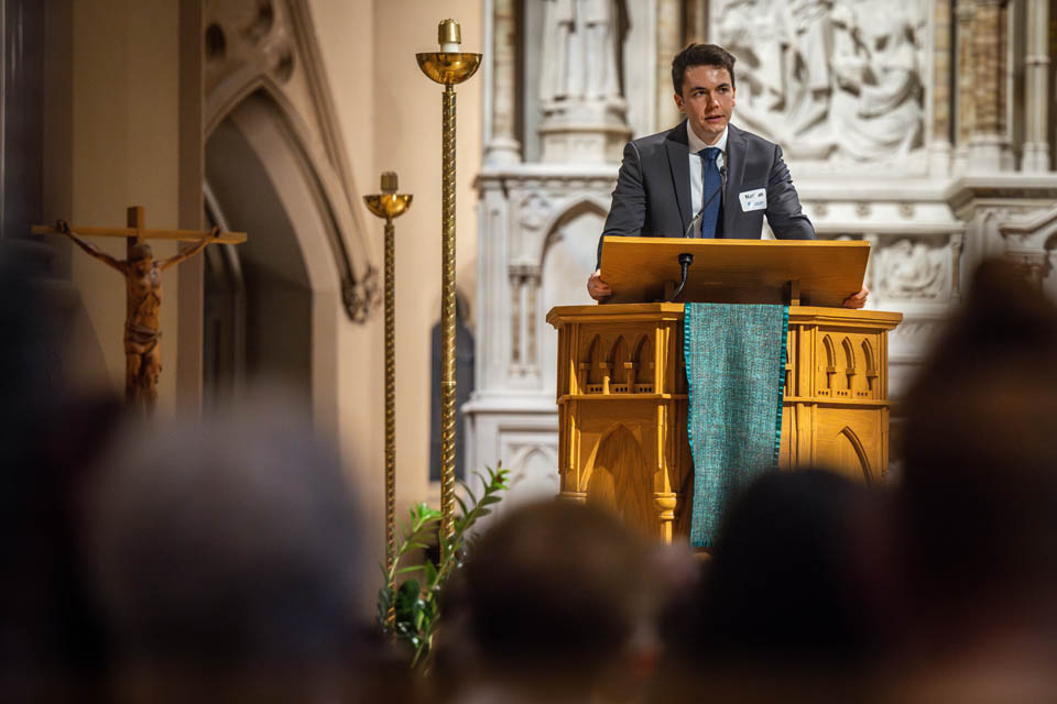Medical student Nathan McLaughlin shares a reflection during the Interfaith Memorial Service for the Gift Body Program on Friday, Oct. 25, 2024. Photo by Sarah Conroy. 