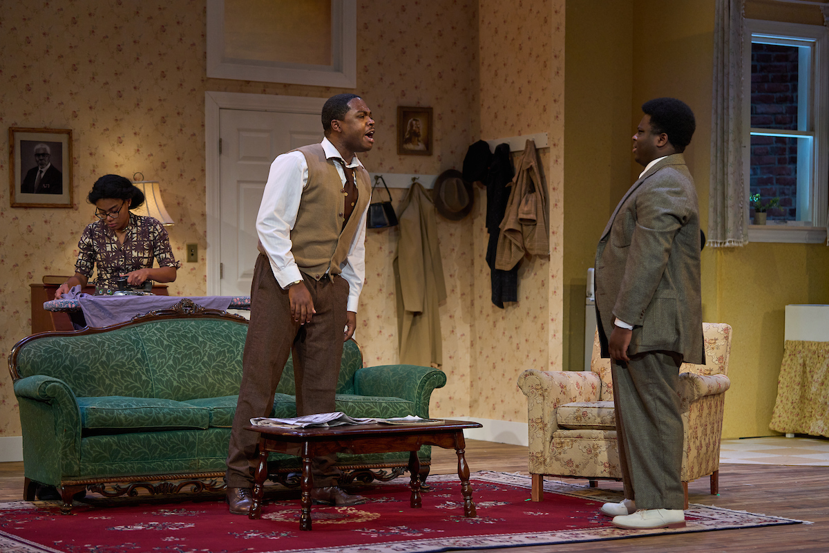 Maiah Lyndsey as Ruth, Dwayne Mose III as Walter Lee, and Sena Mawuenyega as George Murchison. Photo by ProPhotoSTL