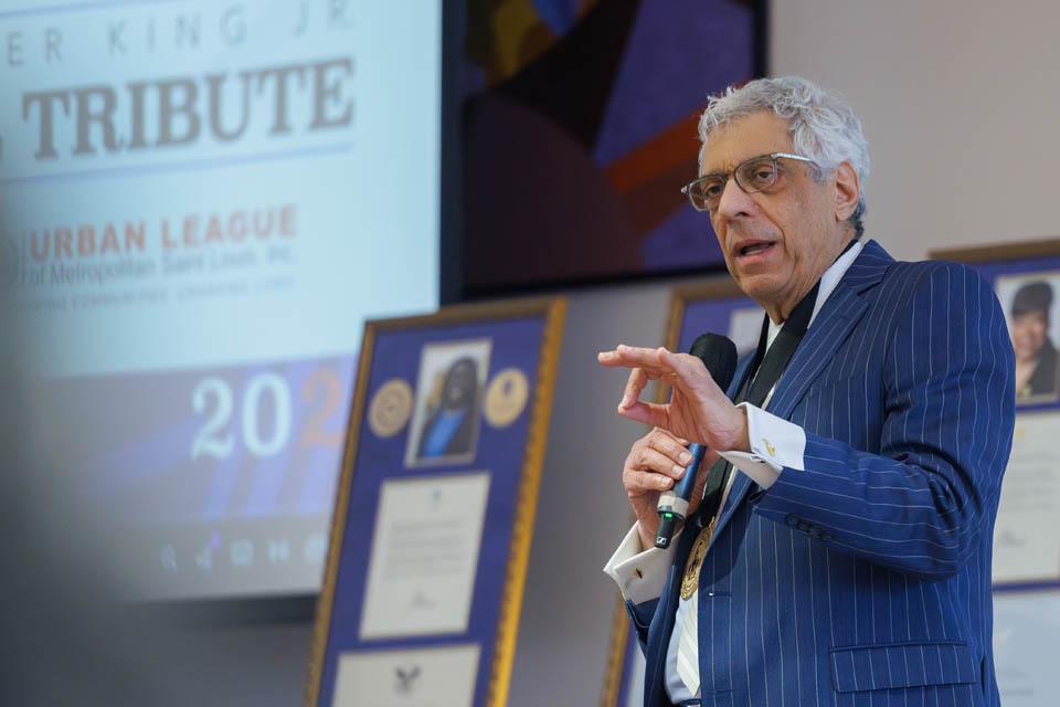 President Fred P. Pestello, Ph.D., participates in a panel discussion during the Martin Luther King Jr. Memorial Tribute on Jan. 23, 2025. Photo by Sarah Conroy. 
