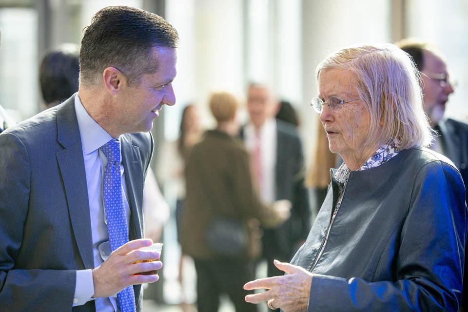 Dr. Jeanne Sinquefield speaks with Eric Engler, chair of the Board of Trustees, before the dedication of the Sinquefield Science and Engineering Center on March 18, 2025. Photo by Sarah Conroy. 