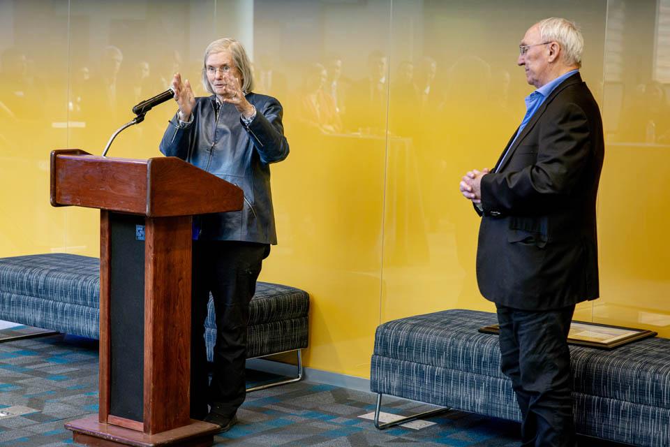 Dr. Jeanne Sinquefield speaks while Rex  Sinquefield listens during the dedication of the Sinquefield Science and Engineering Center on March 18, 2025. Photo by Sarah Conroy. 