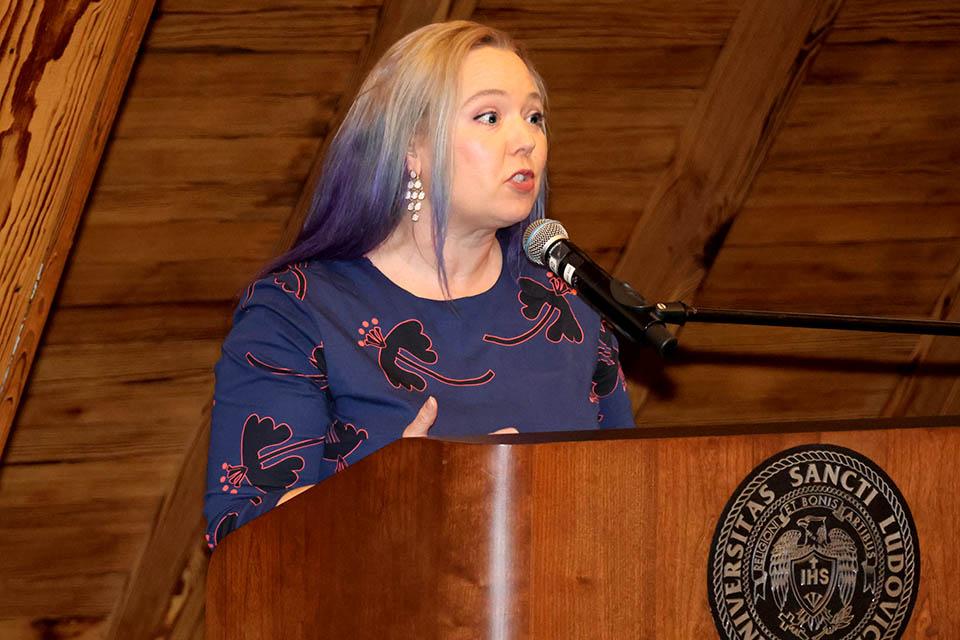 Meadow Campbell, Ph.D., talked about her award-winning Ignite Seminar at the Celebration of Teaching on Wednesday, April 2. Photo by Joe Barker. 