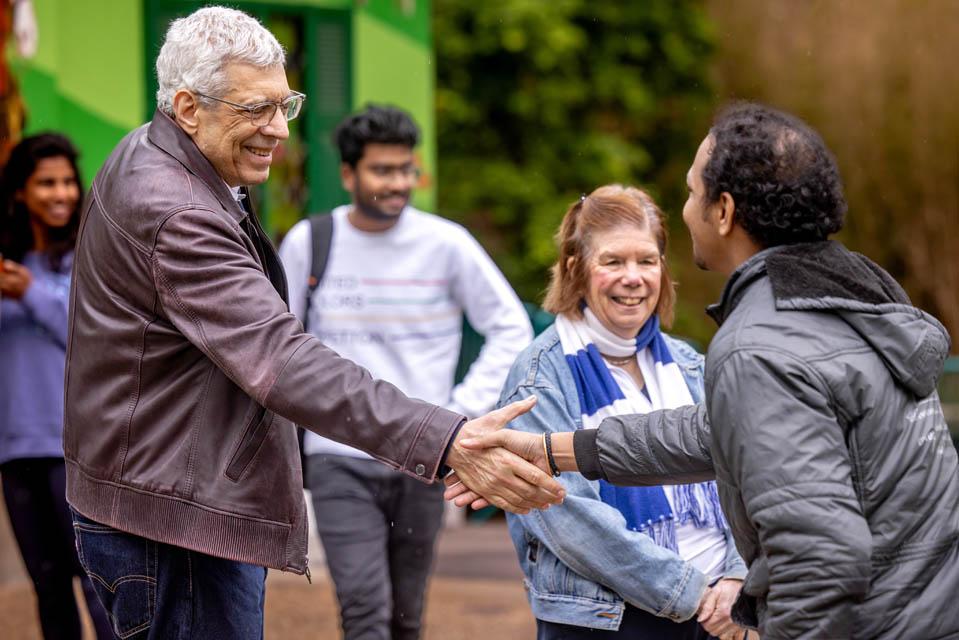 President Fred P. Pestello, Ph.D., and First Lady Fran Pestello, Ph.D., greet students during a celebration for the Pestellos with the SLU community at Grant’s Farm on April 27, 2025. Photo by Sarah Conroy.