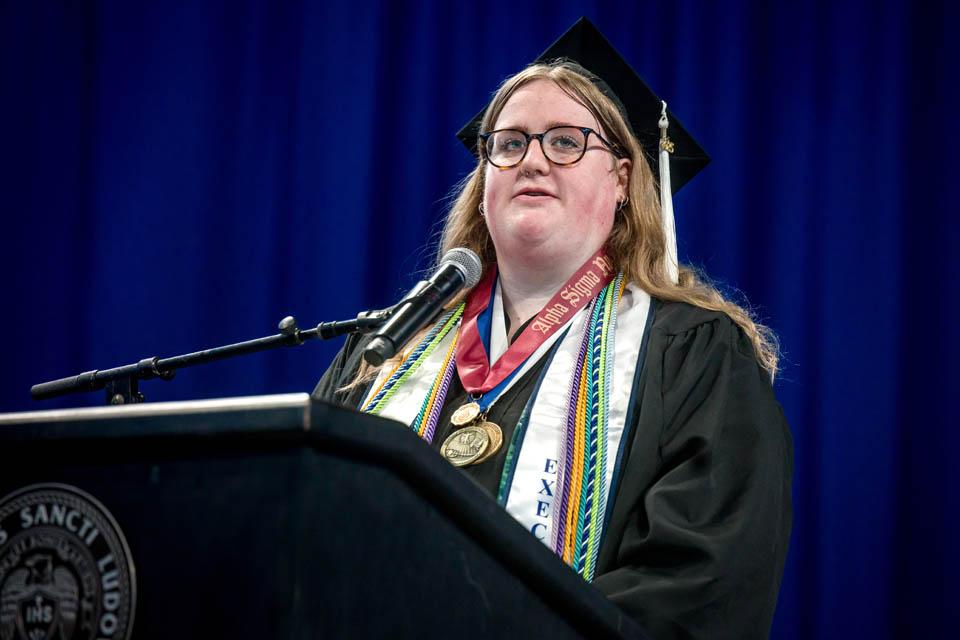 Emma Lercher gives the student address during Commencement on May 17, 2025. Photo by Sarah Conroy.
