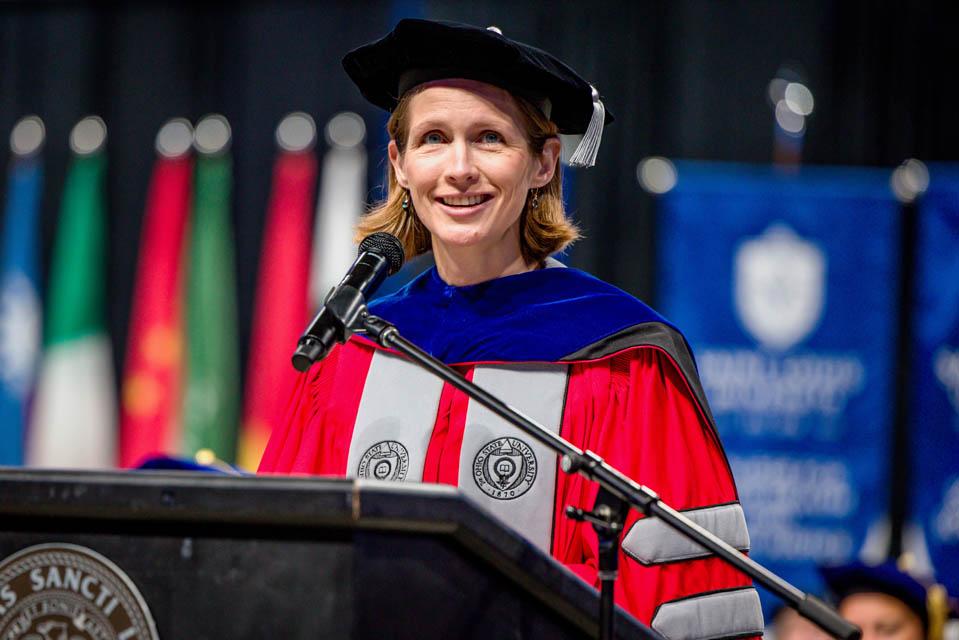 Christina Garcia, Ph.D.,  gives the faculty address during Convocation on Saturday, Aug. 16, 2025. Photo by Sarah Conroy. 
