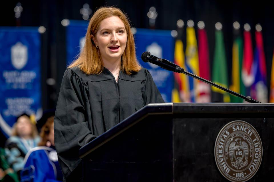 Student Government Association president Grace LoPiccolo speaks during Convocation on Saturday, Aug. 16, 2025. Photo by Sarah Conroy.