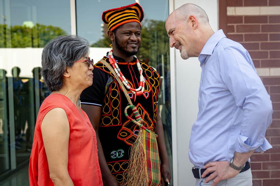 President Edward Feser, Ph.D., greets families after Convocation on Saturday, Aug. 16, 2025.  Photo by Sarah Conroy. 